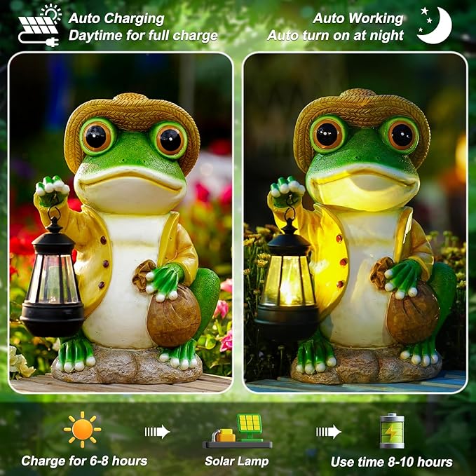 Large Frog Garden Statue, 13.3 Inches Tall, Resin Frog Decor with Solar Lantern for Outdoor Decoration and Housewarming