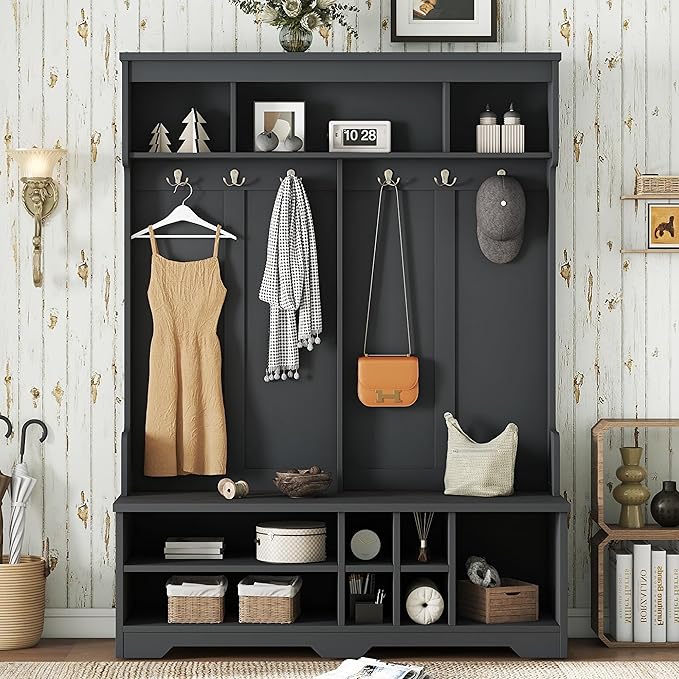 Modern Hall Tree with Metal Hooks and Storage Space, Wood Multi-Functional Entryway Coat Rack with Shoe Cubbies for Hallway Living Room Bedroom (Black/r11)