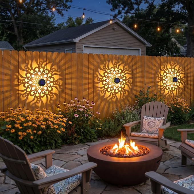Solar Fence Lights 2 Pack Outdoor Deck Step Wall Lights Metal Waterproof LED Warm Yellow Light for Garden Post Patio Backyard Yard Decor (Mandala-2, 2)