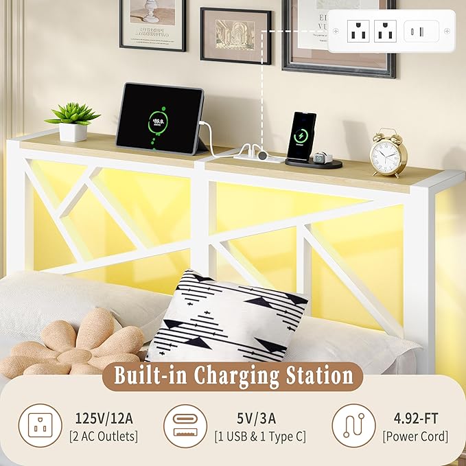 King White Metal Bed Frame with USB Charging Station, LED Ambient Lighting, and Wooden Storage Headboard - Includes Under-Bed Storage, No Box Spring Needed, Noise Free, Easy to Assemble