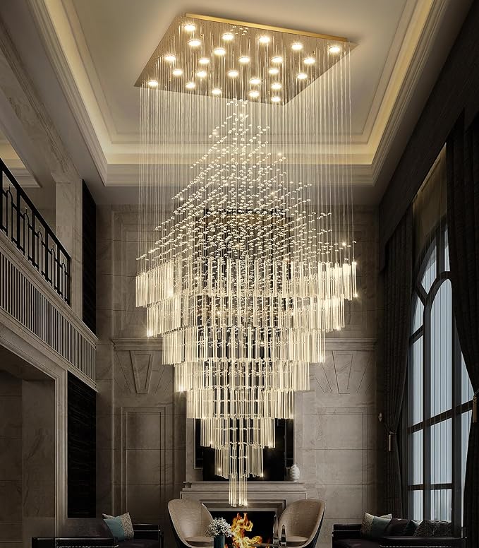 W47 x H120 Luxury Crystal Chandelier with LED Bulbs Glam Raindrop High Ceiling Square Light Chandeliers for Entrance Large Villa Foyer Living Room Lighting Fixtures Gold