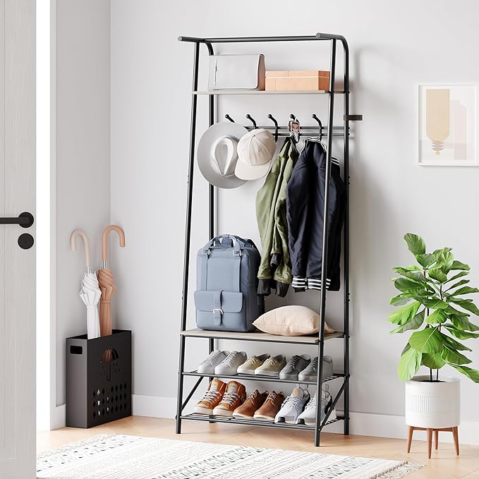 Coat Rack, Floorstanding Hall Tree with Shoe Rack, Wooden and Metal Coat Stand, Industrial Clothes Rack, for Hallway, Living Room, Bedroom, 25.2''x11.4''x70'', Grey
