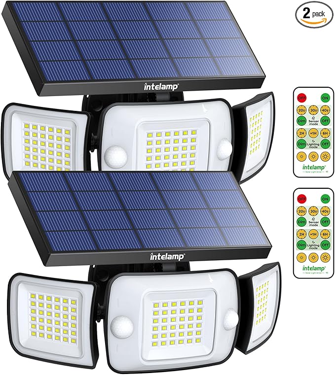 intelamp Solar Flood Lights Outdoor Waterproof, 6000mAh 1200LM Solar Powered Dual Motion Sensor LED Lighting Dusk to Dawn Security Floodlight Exterior with Remote for Outside Garden House Patio