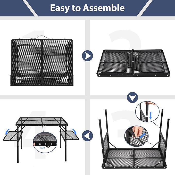 REDCAMP 36x24 Folding Grill Table for Outside with 2 Side Tables, Lightweight Portable Metal Aluminum Outdoor Grill Table with Adjustable Height Legs, Great for Camping Picnic Cooking BBQ, Black 3ft