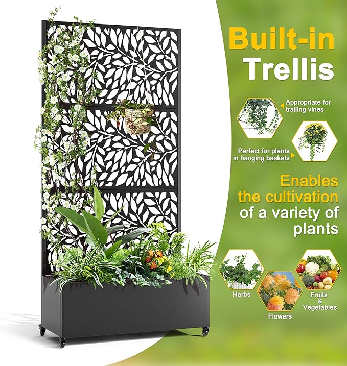 FENCY Metal Raised Garden Bed with Wheels and Trellis,73"x35"x16" Planter Box for Climbing Plants, Vegetables & Vines, Features Privacy Screen and Drainage Holes (Black-Leaf-2)