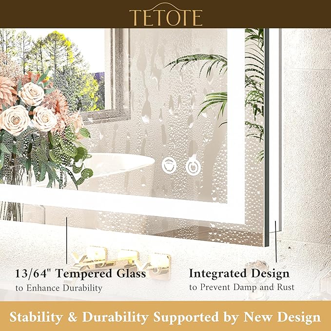 TETOTE LED Light up Bathroom Mirror Wall Mounted 48 x 24 Inch Brighter Front and Backlit Lighted Bathroom Vanity Anti Fog Mirror with Lights, 3-Color Dimmable Illuminated, Waterproof