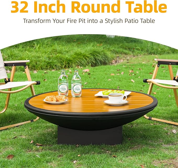 32 Inch Fire Pit for Outside, Outdoor Wood Burning Fire Pit Table with Grill & Cover Lid, Large Portable Firepit for Backyard Patio Camping
