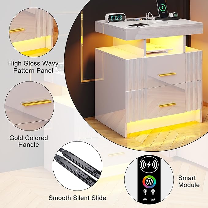 Nightstand with Wireless Charging Station, Bedroom Bedside Table with RGB Lights, Smart Night Stand with 2 Drawers, Bedside Tables Modern Bedside Table for Bedroom, Living Room(White)