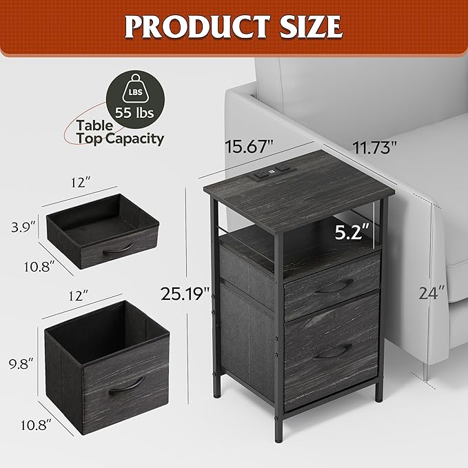 WLIVE Night Stand Set 2, Black Nightstand with Charging Station, Bedside Tables for Bedroom, Side Table with Fabric Drawers, USB Ports and Outlets