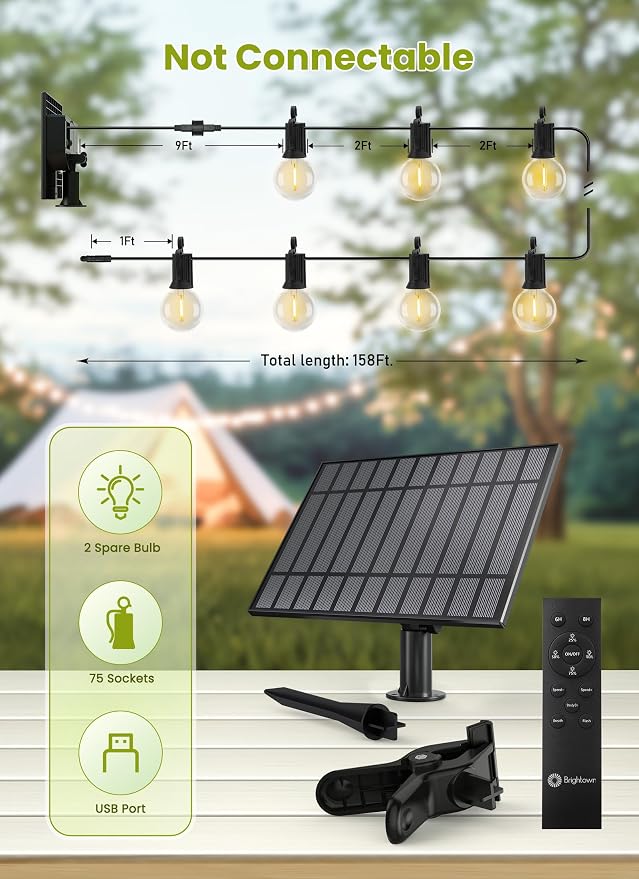 Brightown 158FT Solar String Lights Outdoor Waterproof with Remote, Solar Patio Lights with 75 Shatterproof LED Bulbs, 3 Light Mode, Dimmable & Timer, Hanging String Lights for Porch Garden Bistro