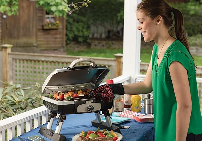 Cuisinart Petite Gourmet Portable Gas Grill, Compact Portable Grill Propane, 150 Sq. In. Cooking Surface, 5,500 BTU Burner Small Gas Grills for Camping, BBQ, Folding Legs and Carry Handles, Stainless