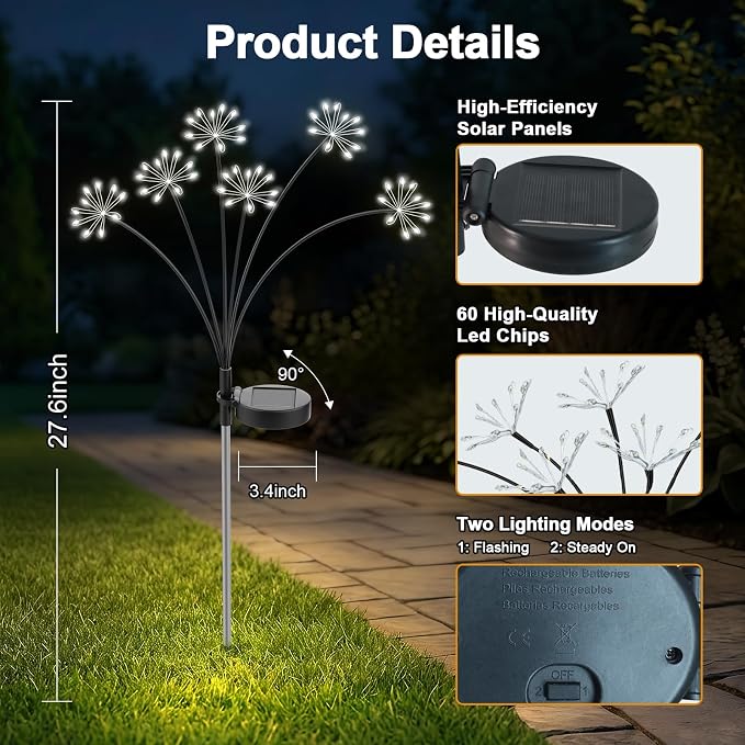 Solar Garden Lights Outdoor, Upgraded Solar Swaying Starburst Light Waterproof with 2 Modes, Solar Fairy Firework Lights for Yard Patio Pathway Flowerbed Balcony Garden Decoration (White, 4 Pack)