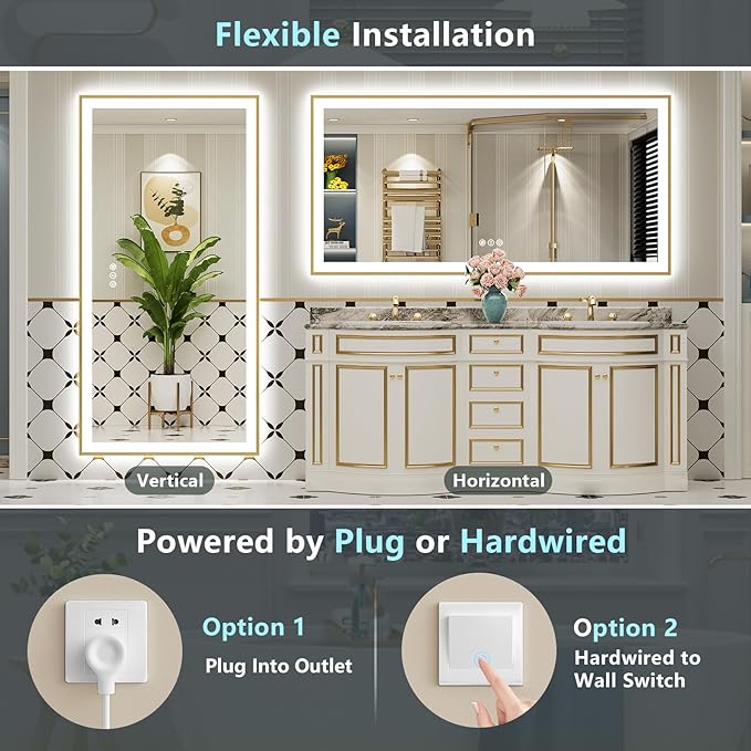 72x40 Gold LED Bathroom Mirror with Lights, Brushed Gold Framed Backlit and Front Lit Anti-Fog Lighted Vanity Mirrors for Bathroom Wall, Dimmable, 3 Colors, Memory, HD Tempered Glass, CRI＞90