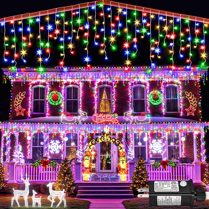 132 ft Christmas Lights -1280 LED Icicle Lights Outdoor with 240 Drops Hanging String Lights, 8 Modes Plug in Waterproof Timer Memory for Holiday Wedding Party Window Garden Decoration (Multicolor)
