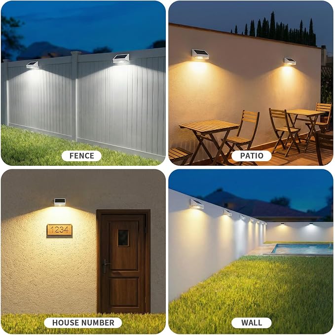 NIORSUN Solar Fence Lights 16 Pack, Outdoor Solar Lights with 3 Color Temperatures, IP65 Waterproof Wide-Angle LED Lighting for Fence, Patio, Yard, Deck, Wall, Garden (White)