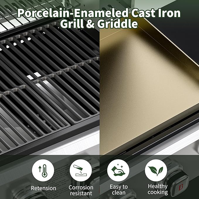 Brand-Man Griddle Grill Combo 6-Burner, 2 in 1 Versatile Propane Gas Grill and Griddle with Double Stainless Steel Lids, BBQ Combo for Outdoor Kitchen & Backyard Barbecue Cooking