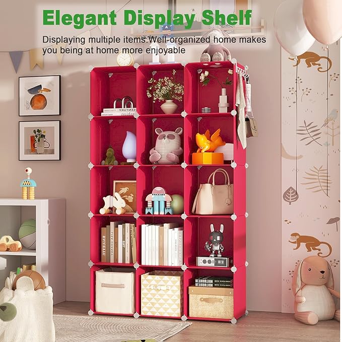 C&AHOME Cube Storage Organizer, 16-Cube Shelves Units, Plastic Storage Cubes, DIY Closet Organizer, Modular Closet Storage Shelves Ideal for Home, Bedroom, 48.4" L × 12.4" W × 48.4" H Red UPCS16R