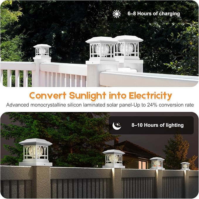 Fence Post Solar Lights, Crackle Glass Solar Post Cap Lights, 20 Lumens, Warm White & RGB Automatic Cycling 2 Modes for 3.6x3.6 4x4 4.5x4.5 5x5 Vinyl Wooden Posts Decoration, White (6 Pack)