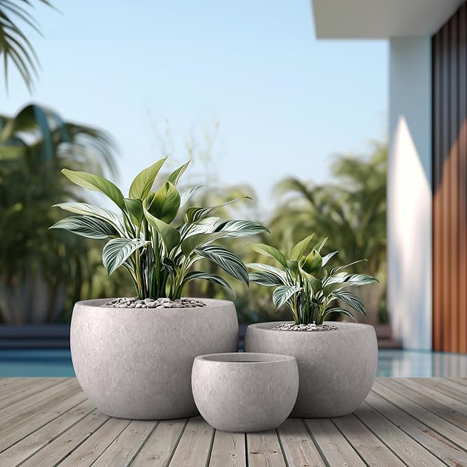 Kante 19.9",15.7",11.8" Dia Round Concrete Planter Set of 3, Outdoor/Indoor Large Bowl Plant Pots with Drainage Hole and Rubber Plug for Garden Patio Balcony Home, Light Gray