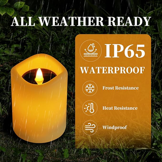 Solar Powered Candles Outdoor 6 Pack, 3"x4" IP65 Waterproof Rechargeable Solar LED Lights, Dusk to Dawn Sensor Pillar Candles for Weddings, Events, Party Decor, Garden Pathway, Yard & Patio