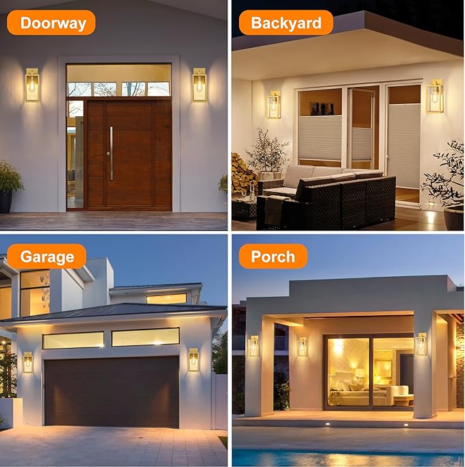 PARTPHONER Gold Dusk to Dawn Outdoor Lights for House Wall Mount, Sensor Exterior Lighting Fixtures set of 2, Anti Rust Wall Sconce Lamp, Waterproof Wall Lantern for Doorway, Garage, WTWL181AJ2