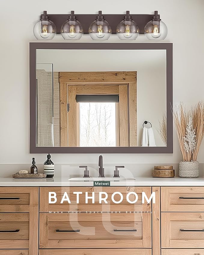 Bathroom Light Fixtures Over Mirror, 5-Light Oil Rubbed Bronze Bathroom Vanity Light with Globe Clear Glass Shade, 32 Inch Modern Sconces Wall Lighting, VL195-ORB-5