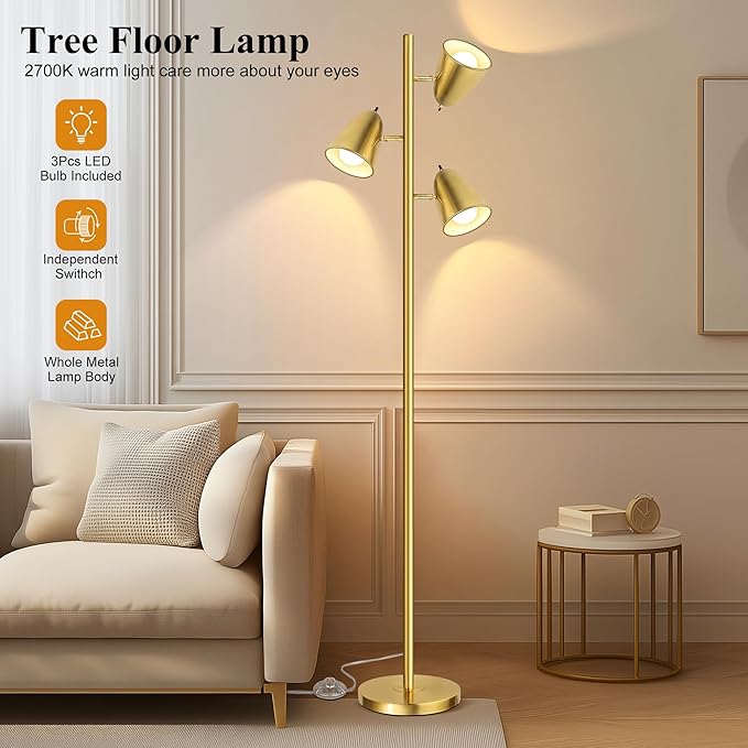 QiMH Tree Floor Lamp with 3 Light Bulbs, Standing Tall Pole Lamps for Living Room Bedroom Office, Reading Stand up Lamps with 3 Adjustable Arms, Brushed Gold