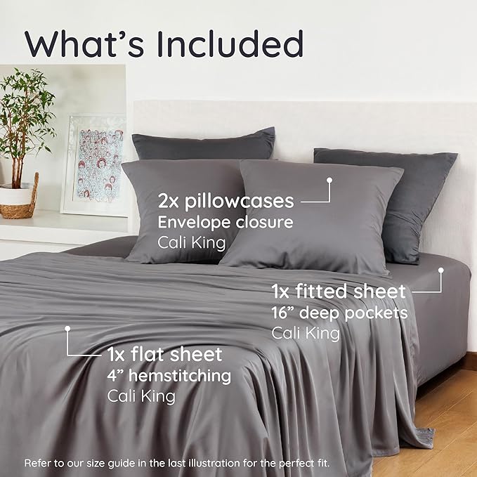 Bambaw 100% Viscose Derived from Bamboo Sheets California King Size Set – 4pcs Cooling Sheets For Night Sweats, Extra Soft Sheet Set, Deep Pocket Fits Up to 16'' With Elastic Corner Straps (Dark Gray)