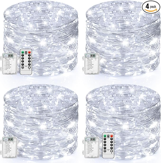 4 Pack 33FT 100 LED Fairy Lights Battery Operated with Timer & Remote, Waterproof Twinkle Lights Indoor Outdoor, 8 Modes Fairy String Lights for Bedroom Classroom DIY Wedding Decorations, Cool White