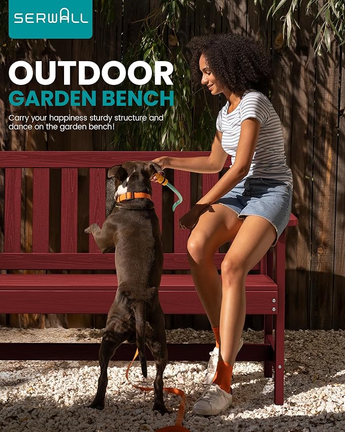 SERWALL Outdoor Bench, HDPE Outdoor Benches Weatherproof, 2-Person Garden Bench with 660 lbs Weight Capacity, Patio Benches for Outdoors, Garden, Porch, Backyard and Park, Red, 2 Pack