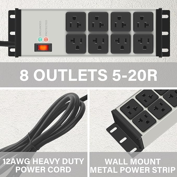 CCCEI Magnetic Heavy Duty Power Strip Surge Protector 20Amp, 12 Gauge High Amp Extension Outlets, Garage Wall Mount 8 Plug Metal Power Strip. 10FT, Grey, 5-15P Adapter 6-20R T-Slot 20a for Appliance