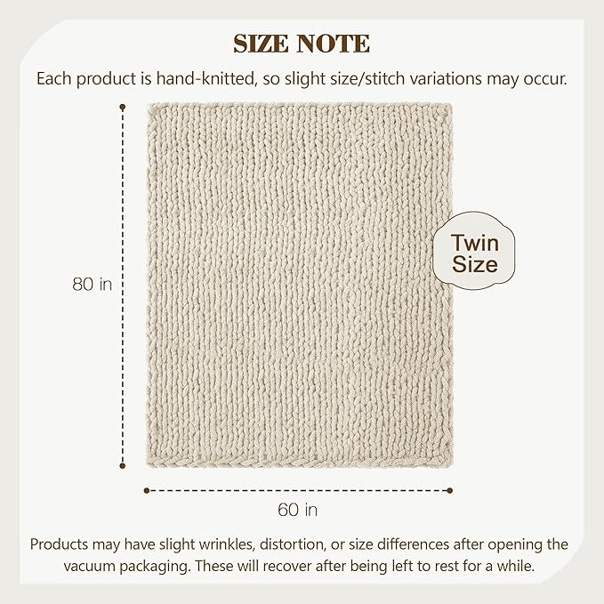 Carriediosa Chunky Knit Throw Blanket 60" X 80" Twin, 100% Hand Made Large Chenille Loop Yarn Soft Fluffy Throws for Couch Sofa Bed, Big Crochet Cozy Heavy Thick Cable Woven Blanket, Light Beige