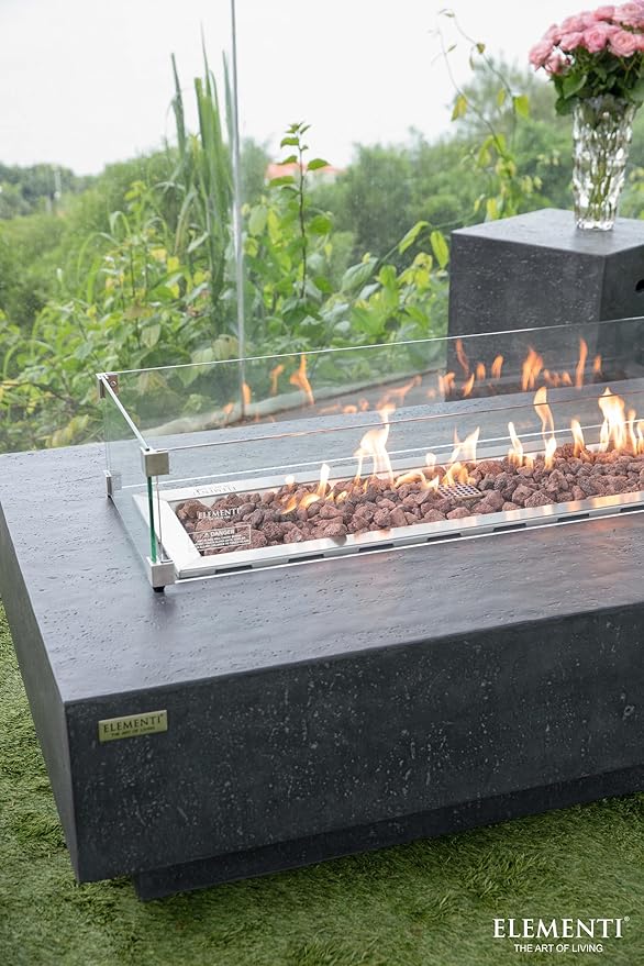 Elementi | Bundle Hampton Gas Fire Pit Cast Concrete 56" Rectangular Fire Table, Outdoor Fire Pit Electronic Ignition | Canvas Cover, Lava Rock Included | Dark Gray (Natural Gas)