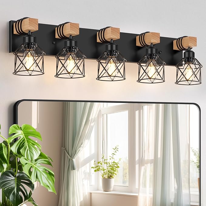 FadimiKoo 5-Light Wooden Black Bathroom Light Fixtures, Rustic Style Vanity Wall Sconces Lighting with Metal Cage, Farmhouse Bathroom Lights Wall Mount for Bedroom, Living Room, Entrance