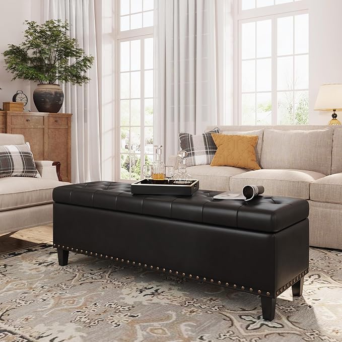 Storage Ottoman Bench,51-Inch Large Storage Bench for Bedroom End of Bed, 30 Gallons Faux Leather Ottoman with Storage for Bedroom, Living Room, Entryway, Black