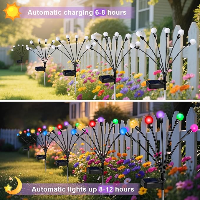 Solar Garden Lights Outdoor Decor, 24 LEDs Solar Firefly Light, Multicolor Changing RGB Swaying Lights Outdoor Waterproof, 4 Pack 6 Heads Christmas Garden Decorative for Yard Patio Pathway Lawn Decor