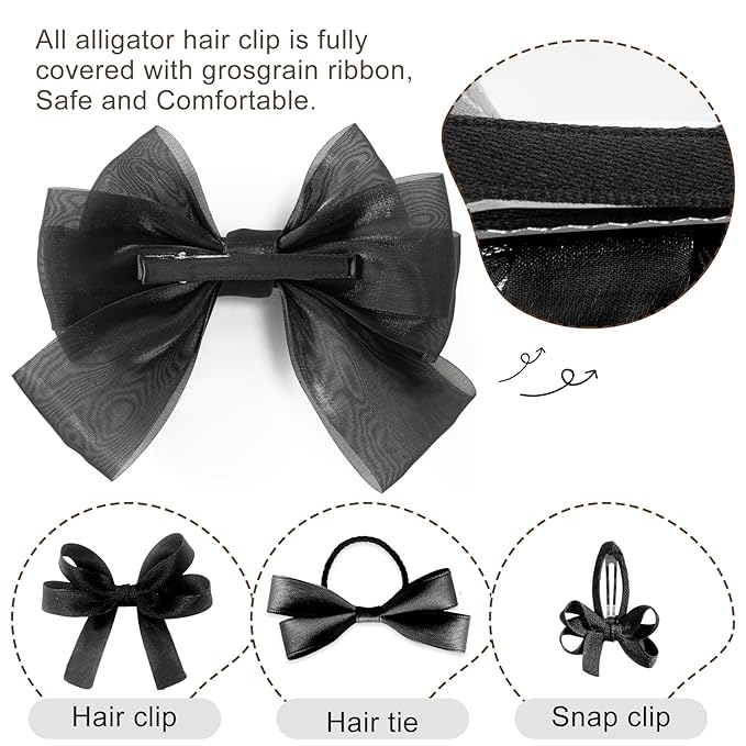 18pcs black hair bows for girls.Black bow with alligator clips,hair ties,snap clip hairpins.Handmade hair accessories for girls gift set
