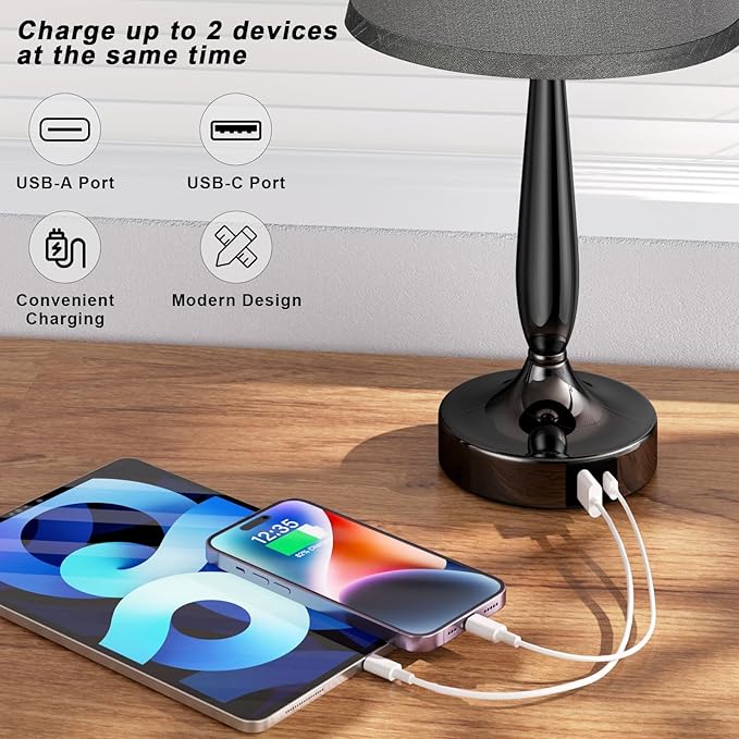 Kakanuo Touch Table Lamp for Bedroom Set, Small Bedside Lamps Set of 2 with USB C Charging Port, 3 Way Dimmable Touch Control Nightstand Lamps, LED Bulb Included
