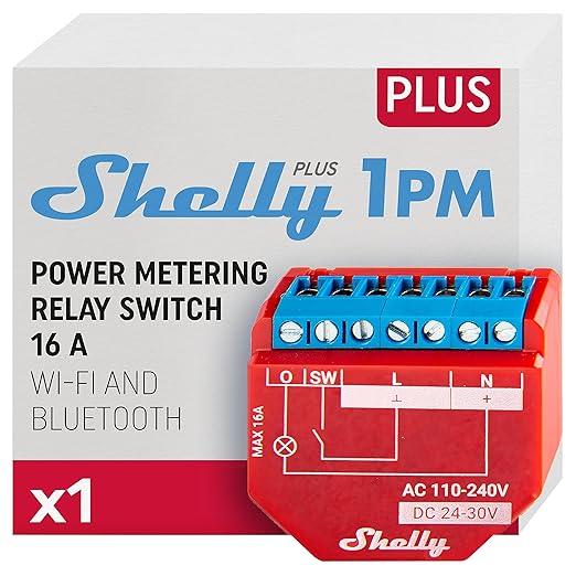 Shelly Plus 1PM | WiFi Smart Relay Switch with Power Metering | Home Automation | Bluetooth Gateway | Compatible with Alexa & Google Home | iOS Android App | No Hub | Wireless Lighting Control