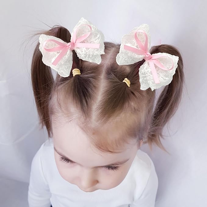 2pcs Lace Hair Bows for Girls, White Lace and Pink Hair Ribbons, Alligator Bow Hair Clips, Handmade Hair Accessories for Girls