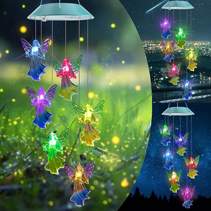 Toodour Solar Wind Chimes, Color Changing Angel Wind Chimes, LED Decorative Mobile, Gifts for Mom Grandma, Waterproof Outdoor Decorative Lights for Garden, Patio, Yard, Window Outdoor Decor