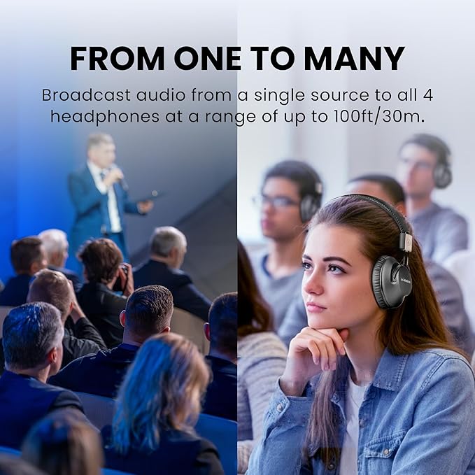 Avantree Quartet 2 - Wireless Group Listening Headphones & Transmitter for TV, Church, Classroom, Silent Discos, Plug & Play, 2.4GHz Expandable Multi-Headphone System with Low Latency & Clear Voice