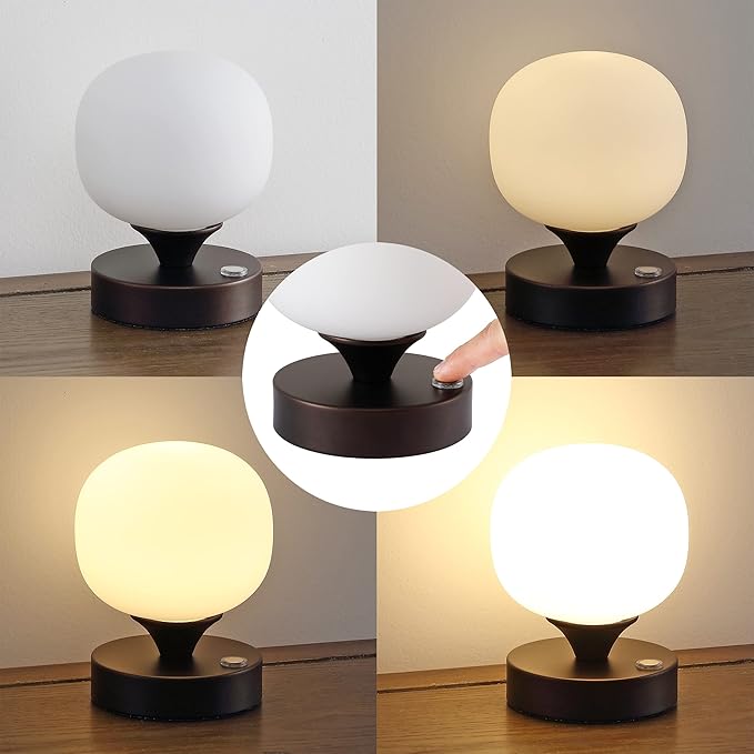 JONATHAN Y 6.13" Oil Rubbed Bronze Modern Cordless Rechargeable LED Table Lamp, Frosted White Glass Shade, Touch Dimmable Mini Accent Light for Bar, Bedroom, Nightstand JYL7112A