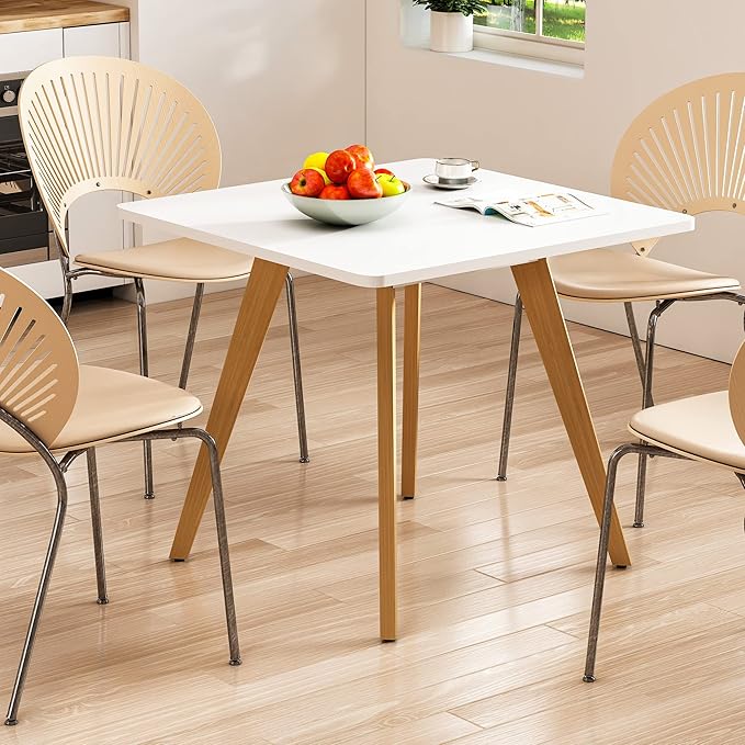 27.6" Square Dining Table for 2-4 Person - Small Kitchen Table with Soild Wood Legs Mid Century Modern Table for Dinning Room, Kitchen,Small Speace (White)