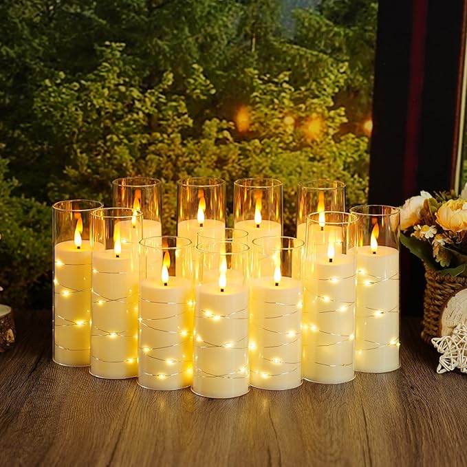 Sasigeiaa Flameless Candles with Embedded Star String - Battery Operated LED Candles, with Remote,12 Ivory Flickering Candles for Christmas, Weddings, Home Decor & Party,(D 2.3"×H 5" 6" 7")