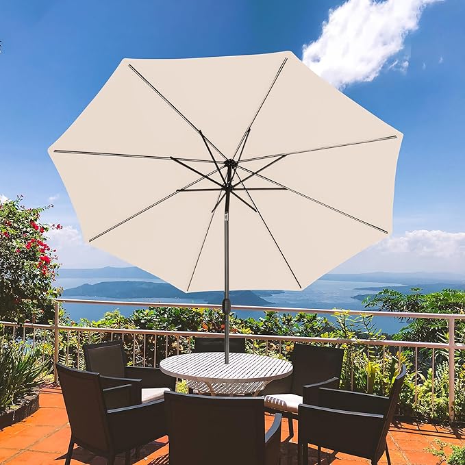 Sundale Outdoor Olefin 5-Year-Non-Fading Solar 104 LED 11FT Solar Patio Umbrella with Sand Bag Base, Outdoor Umbrella with Tilt and Crank, Beige