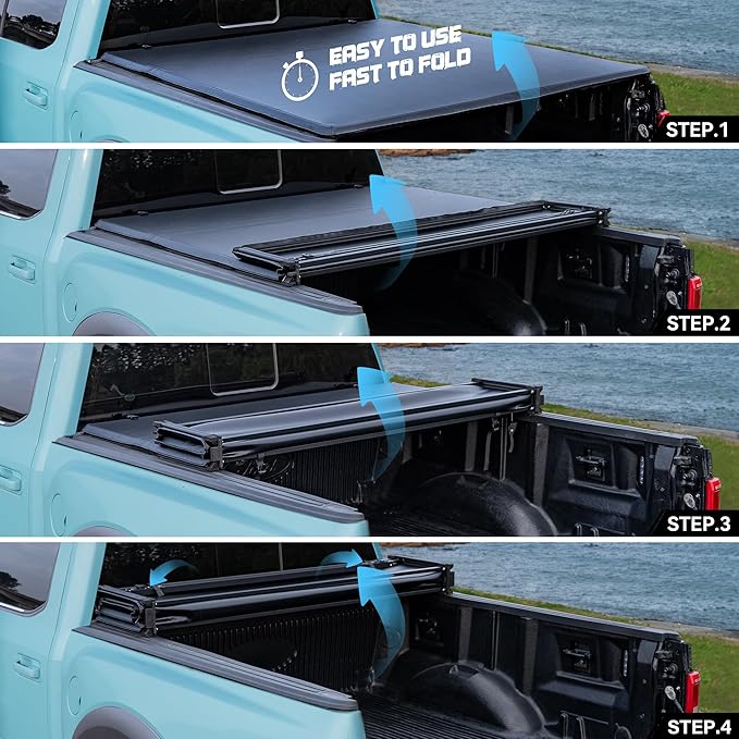 Truck Bed Tonneau Cover Compatible with Chevy Silverado & GMC Sierra 1500 2500 3500 HD 2010-2025 8 ft Long Box(No CarbonPro Bed), Soft Folding Style((Quad Fold)