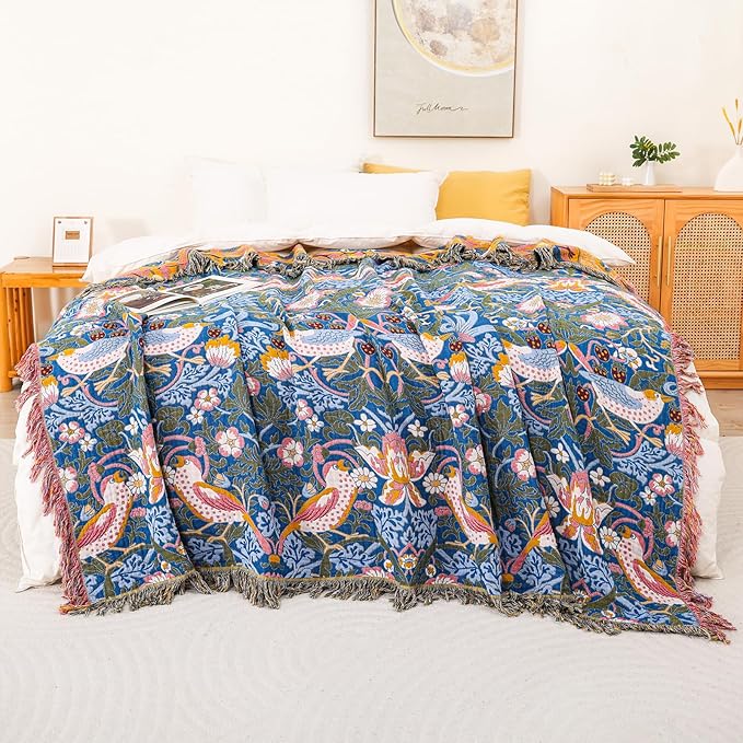 King Throw Blanket for Bed 100% Cotton Boho Oversized Soft Cozy Muslin Quilt Blanket Double Embroider Bird and Florals, Vintage Farmhouse Cottage Woven Blankets for Bedding Couch,90"×98"- Blue&Yellow