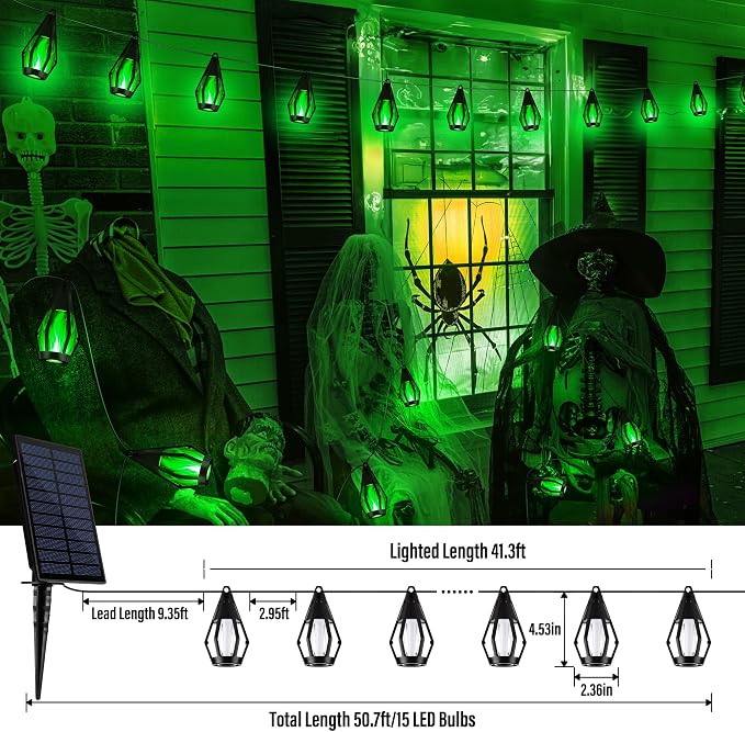 iBaycon Solar Halloween Lights, 42Ft 15 LED Bulbs Flickering Flame String Light, Outdoor Waterproof Solar Flame Lights for Garden Yard Patio Halloween Decorations (Green)