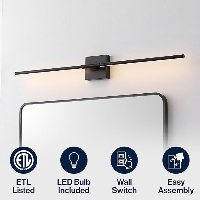 JONATHAN Y 32" Black Modern Dimmable Integrated LED Wall Sconce, Minimalist Adjustable Metal Vanity Light for Bathroom Mirror, Bedroom, Hallway, 3000K, ETL Listed (JYL7040C)